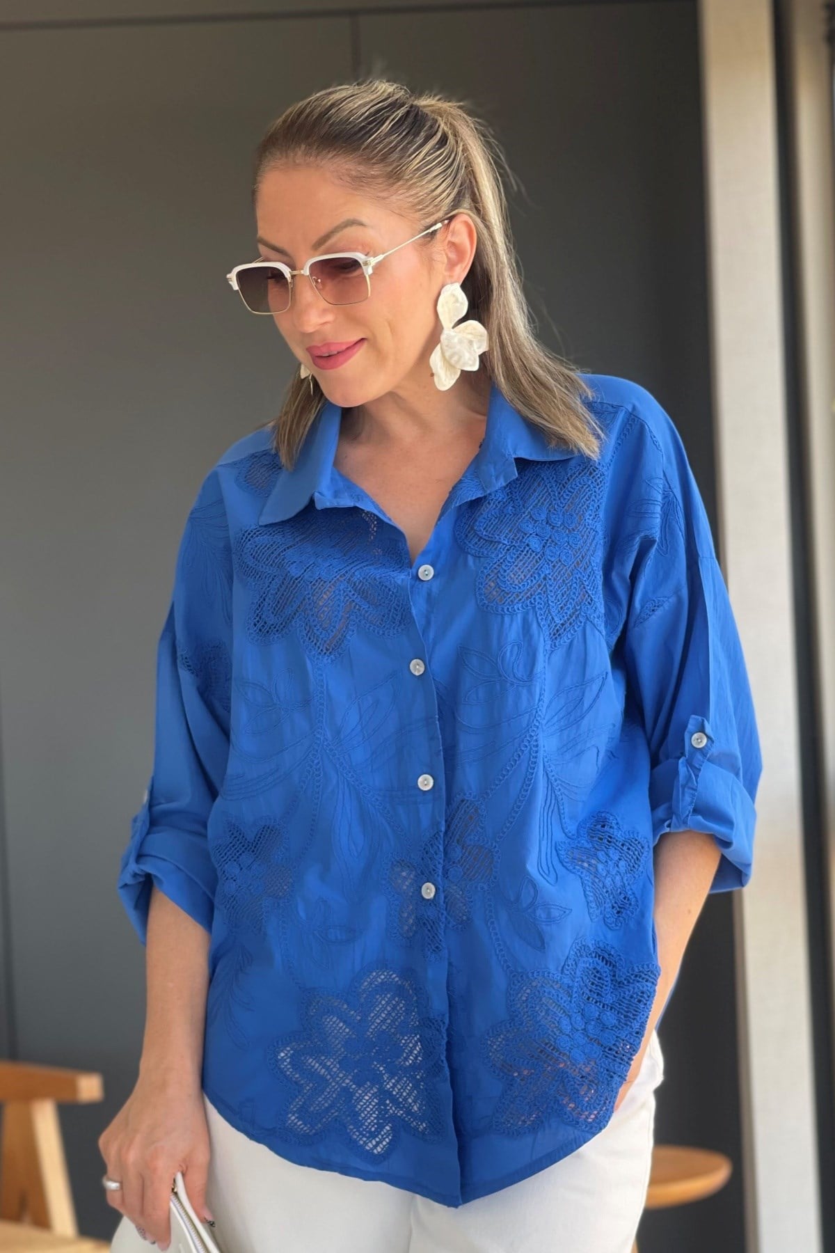 İthal Manolya Desen Gece Mavisi Gömlek