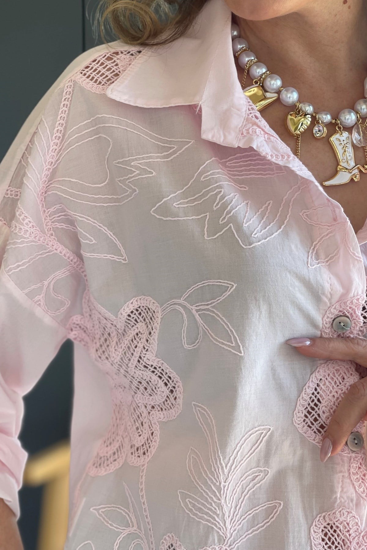 İthal Manolya Desen Pembe Gömlek