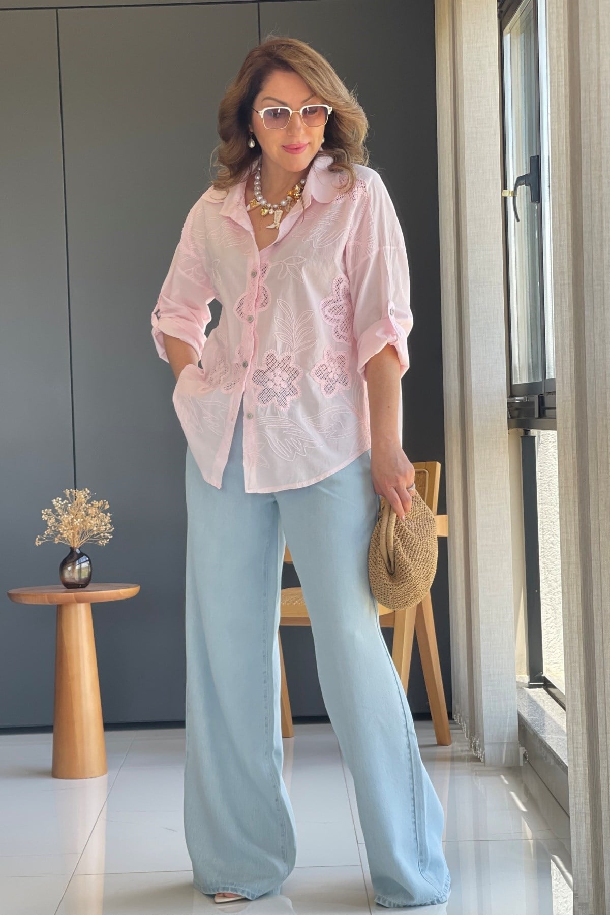 İthal Manolya Desen Pembe Gömlek