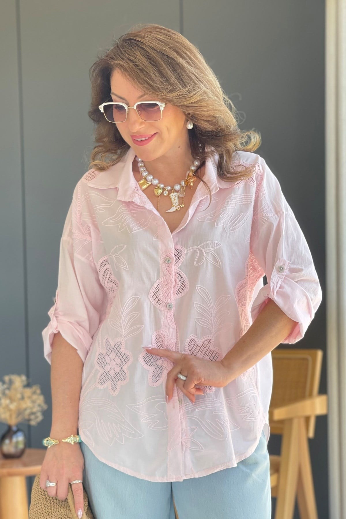 İthal Manolya Desen Pembe Gömlek