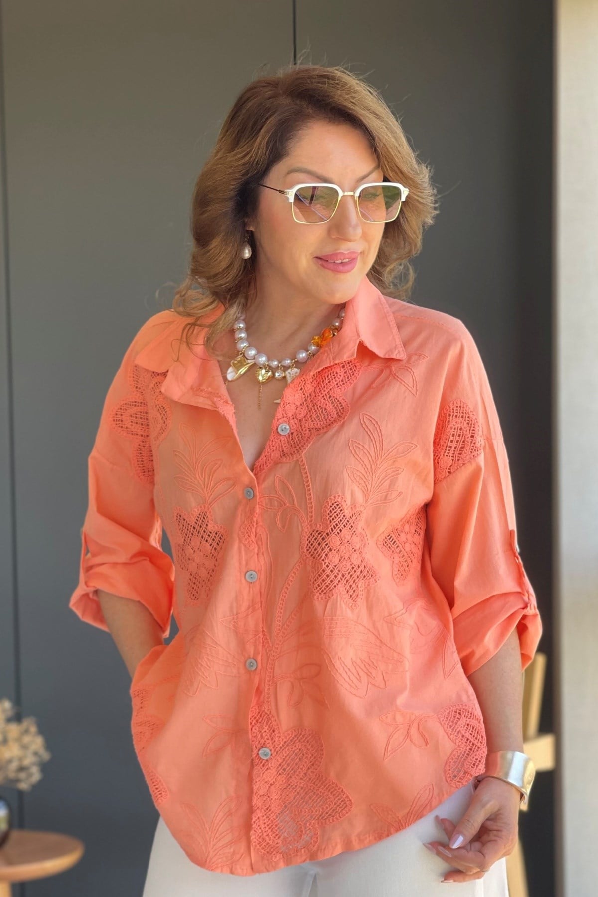 İthal Manolya Desen Yavruağzı Gömlek