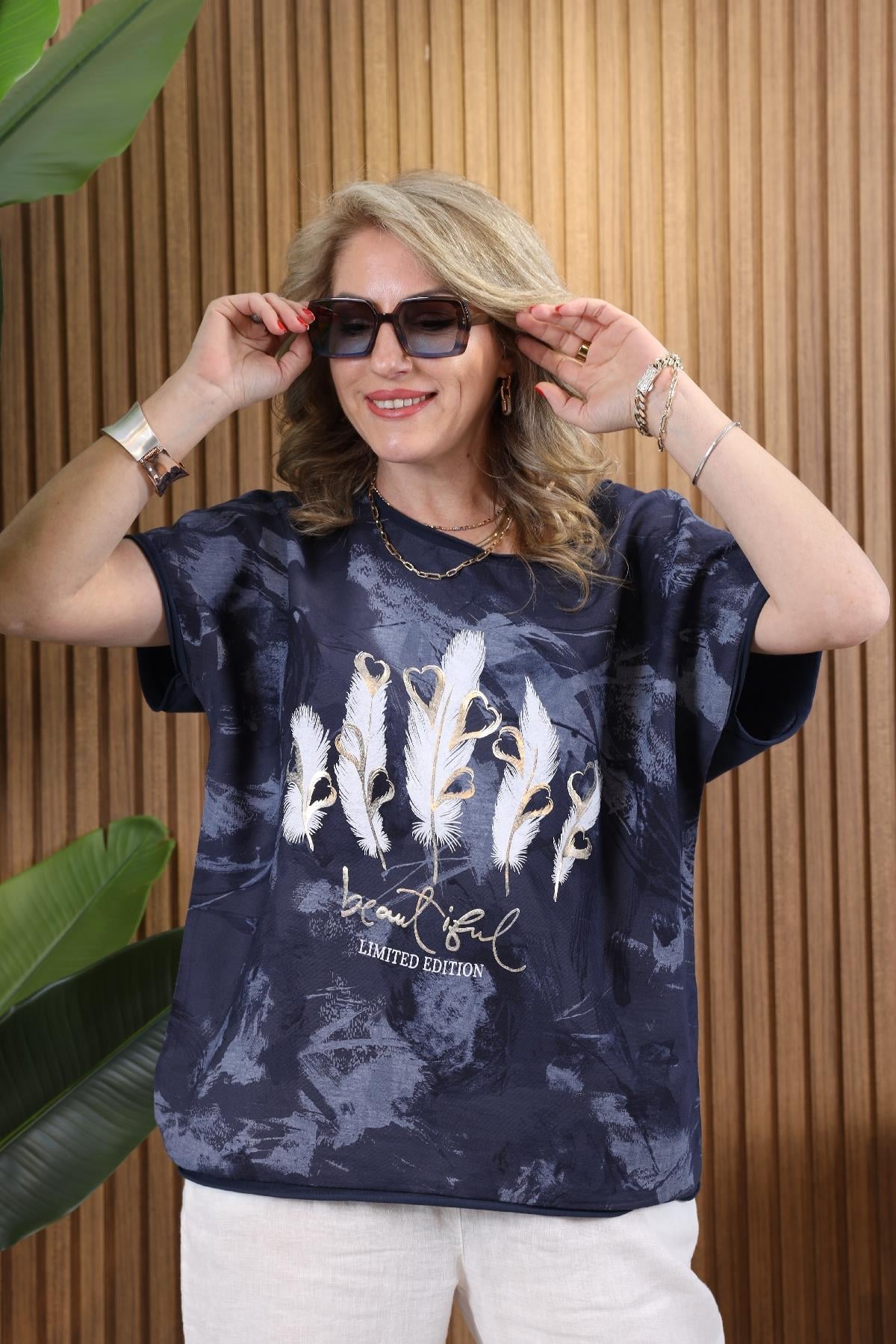 İthal Parlak Baskı Lacivert Bluz