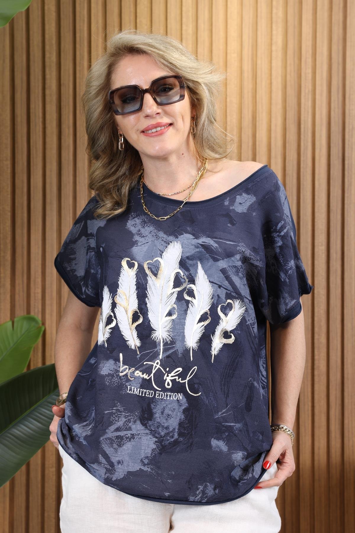 İthal Parlak Baskı Lacivert Bluz