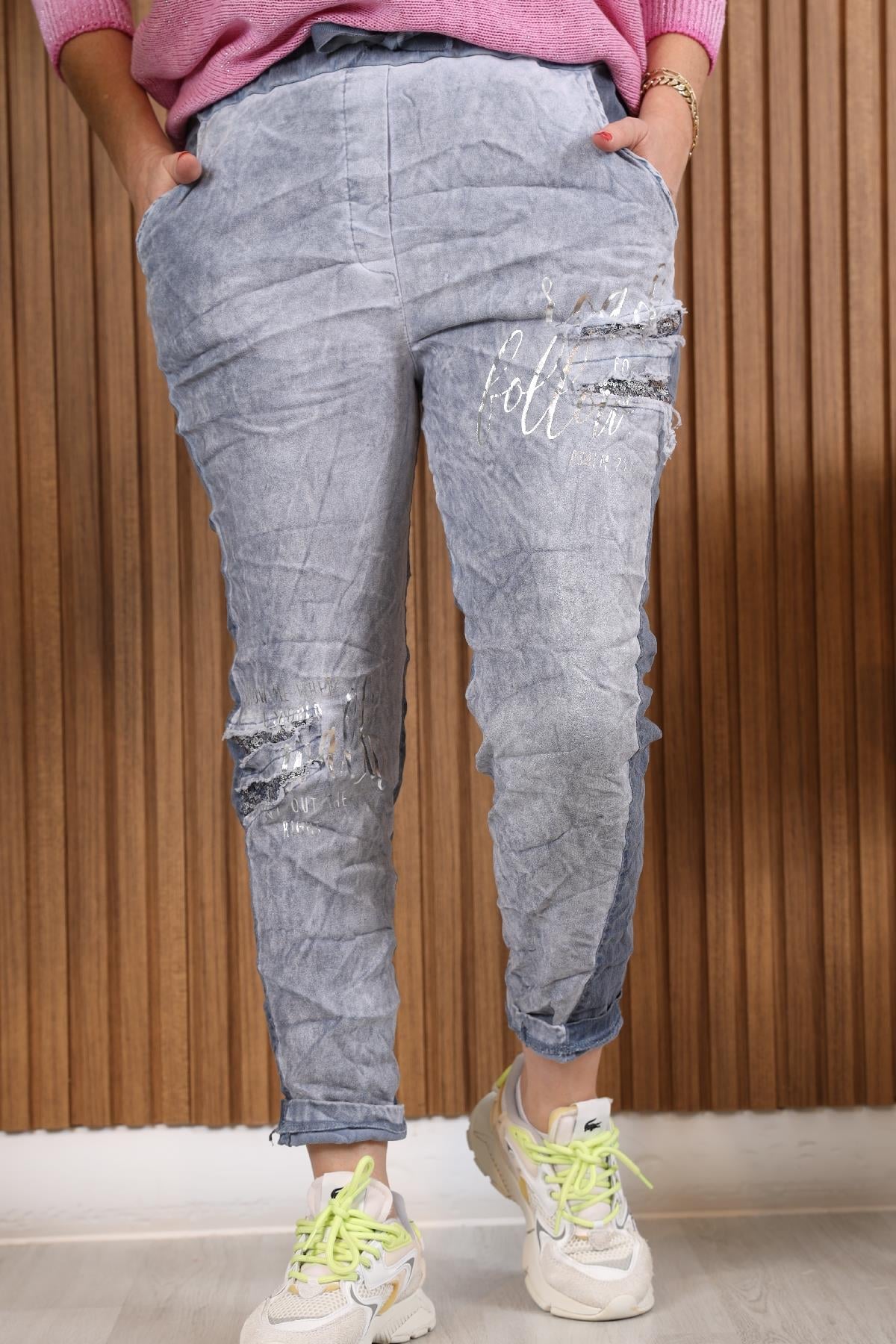 İthal Pu Detay Yazı Desen İndigo Pantolon