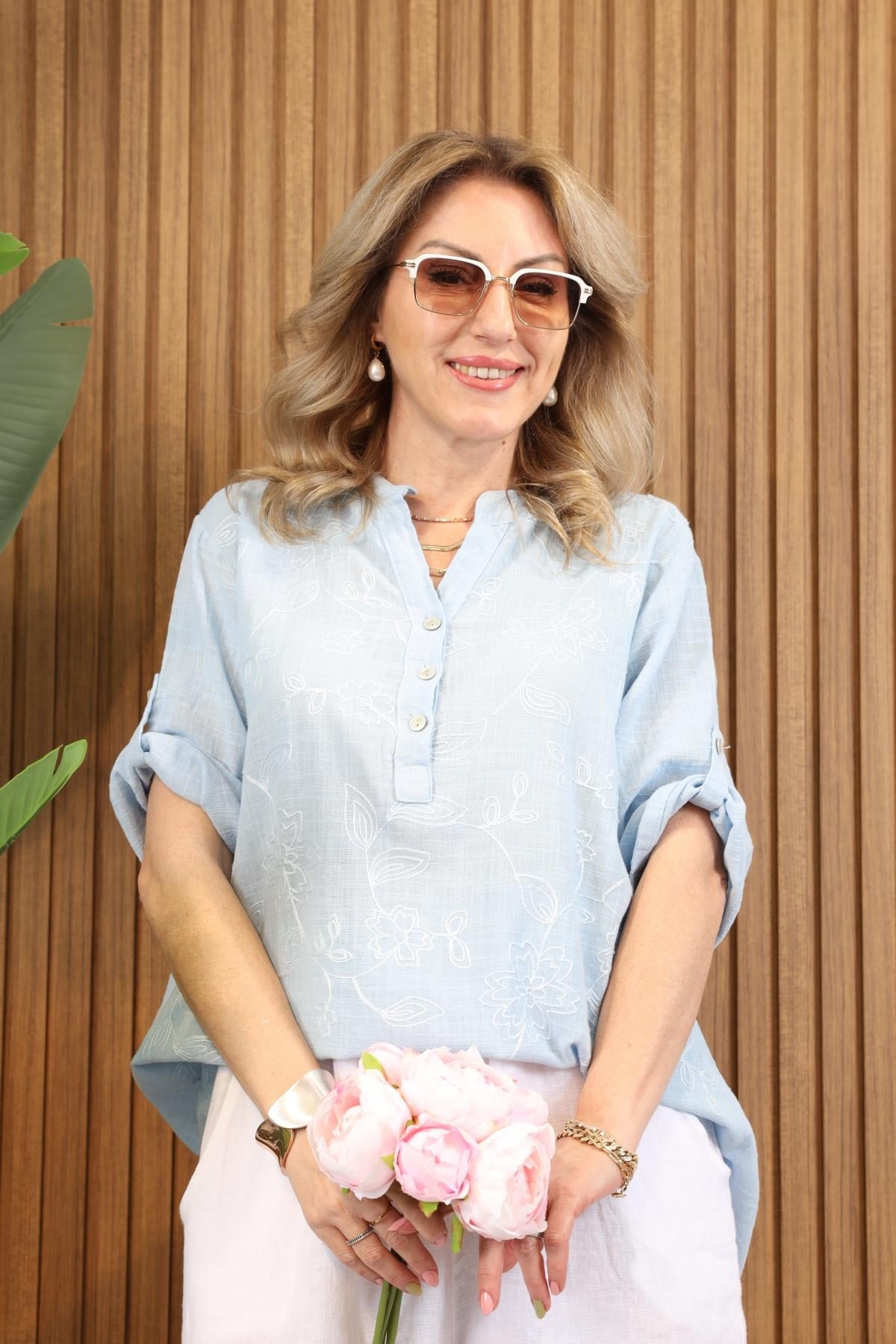 İthal Sarmaşık Çiçek Desen Bebe Mavi Gömlek