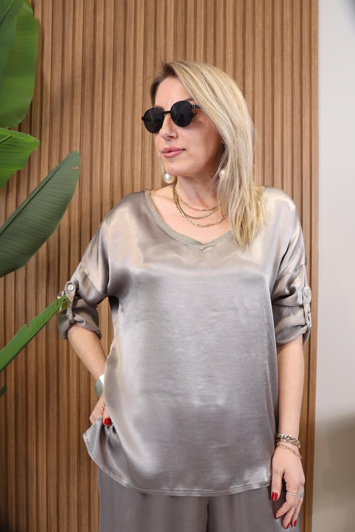 İthal Saten Uzun Kol Platin Renk Takım