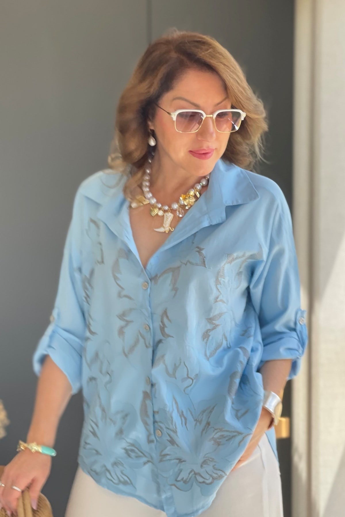İthal Simli Yaprak Desen Mavi Gömlek