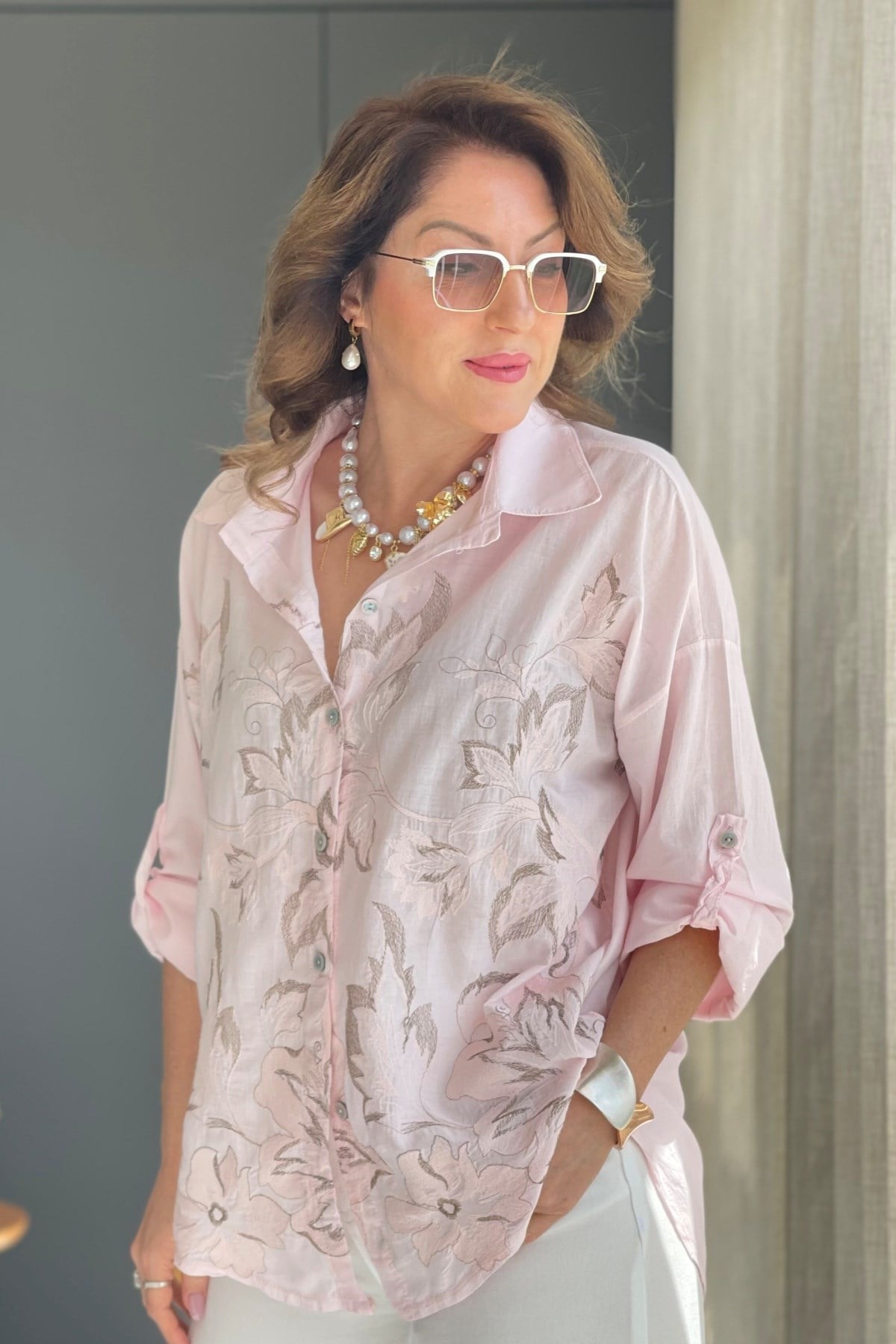 İthal Simli Yaprak Desen Pembe Gömlek