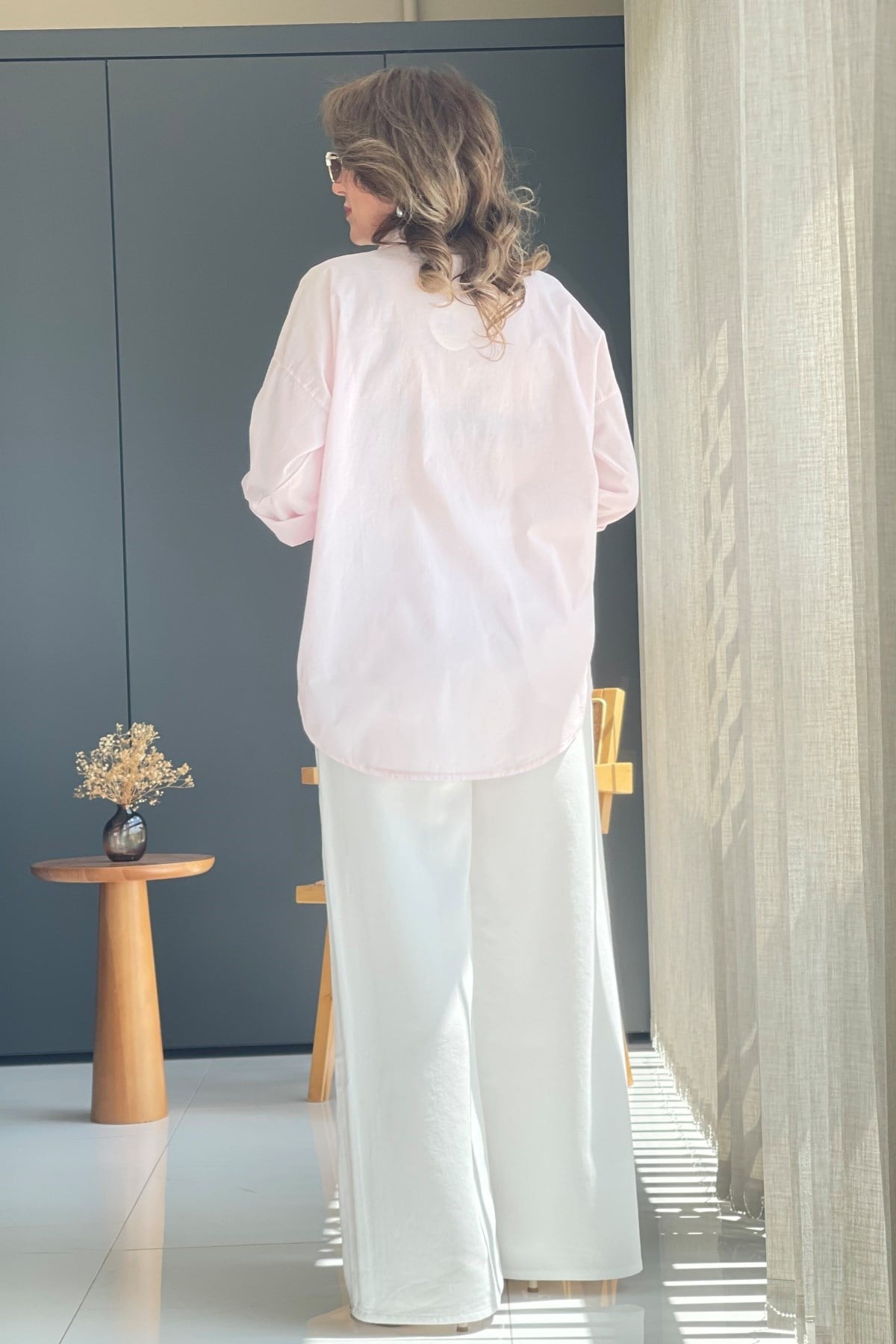 İthal Simli Yaprak Desen Pembe Gömlek