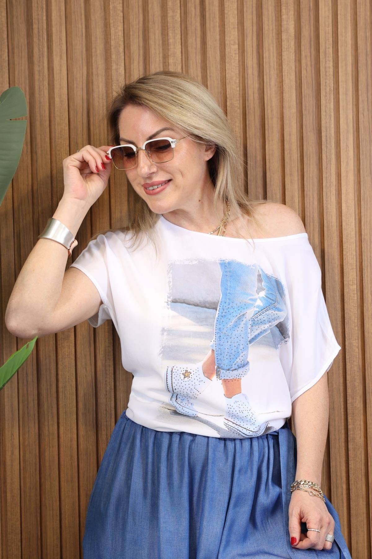 İthal Viskon Mavi Jean Model Bluz