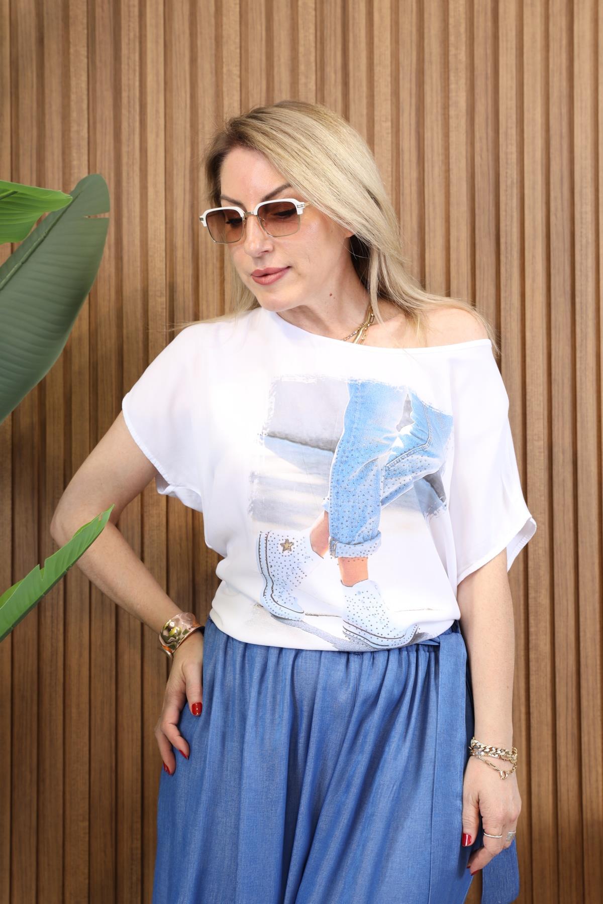İthal Viskon Mavi Jean Model Bluz