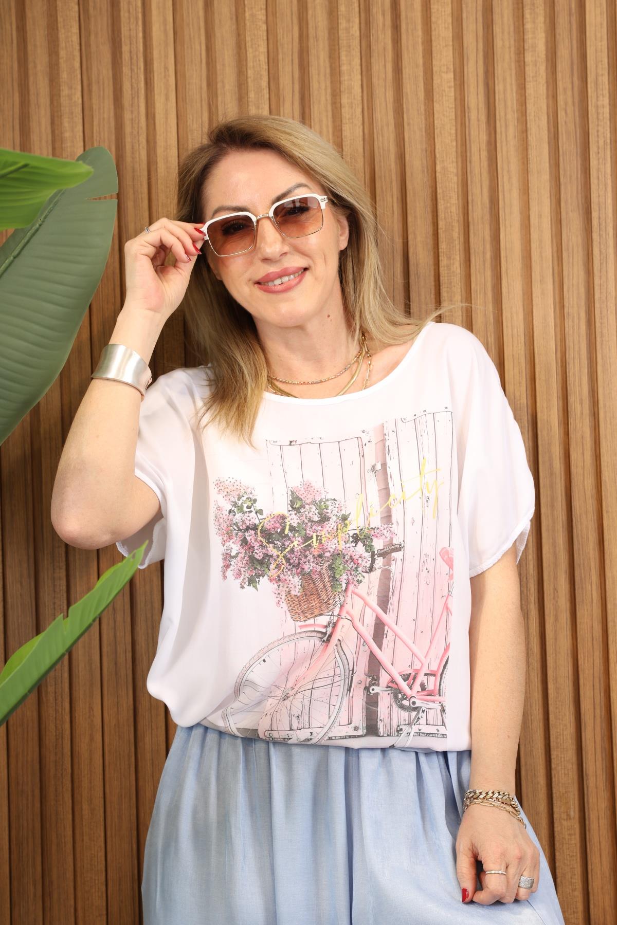 İthal Viskon Pembe Bisiklet Model Bluz