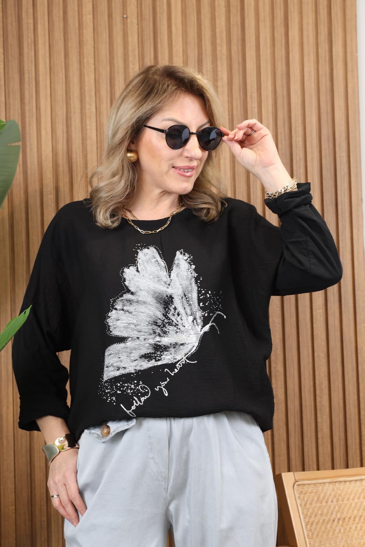 İthal Yaldızlı Kanat Desen Siyah Bluz