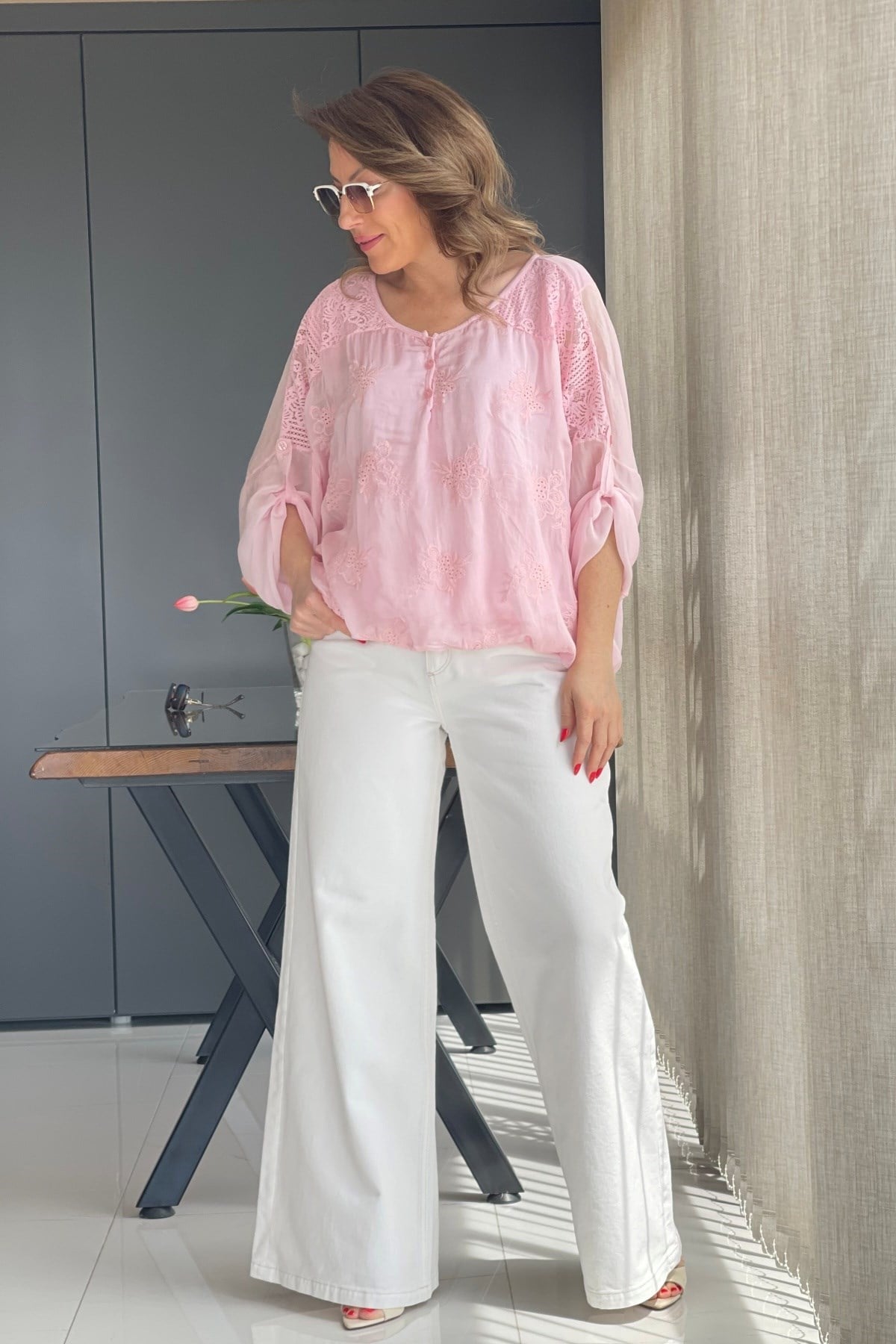 Kabartmalı Yaprak Desen İthal İpek Pembe Bluz