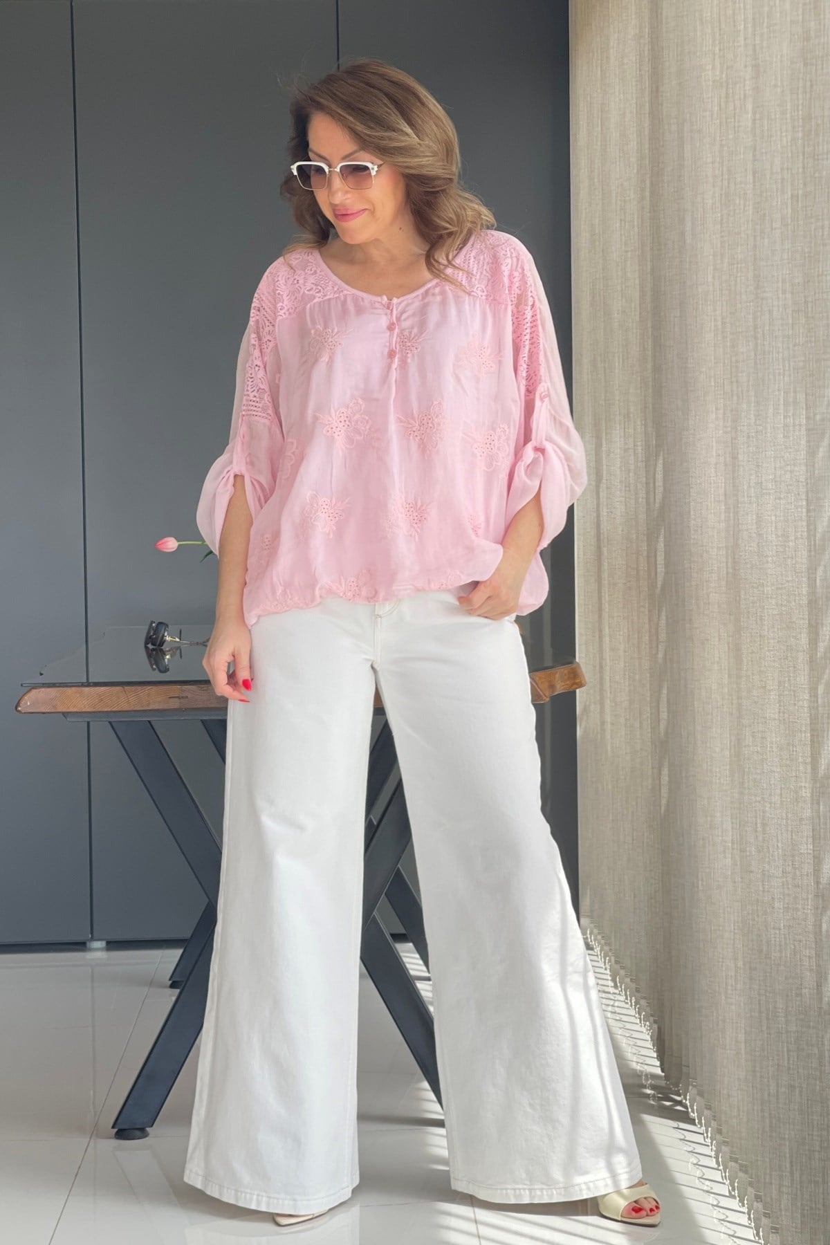 Kabartmalı Yaprak Desen İthal İpek Pembe Bluz