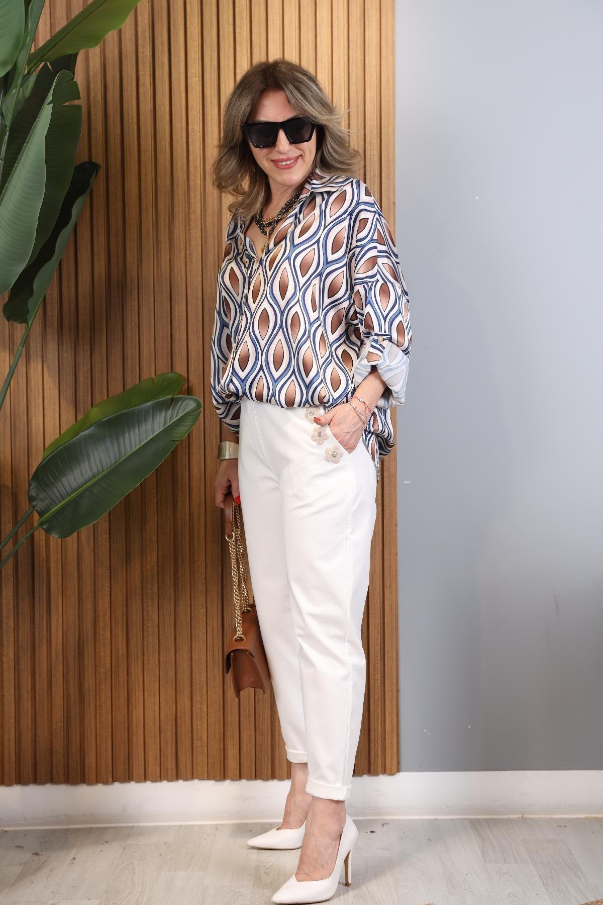 Kahve Damla Model Düğmeli Oversize Lacivert Gömlek