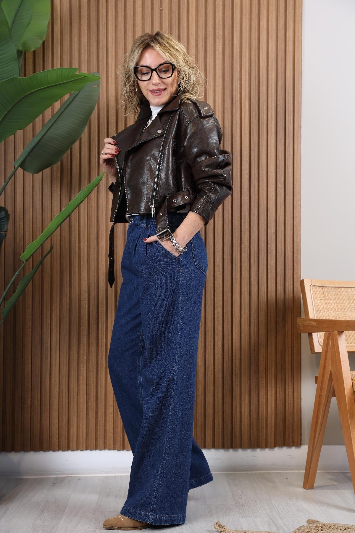 Kahve Deri Crop Ceket