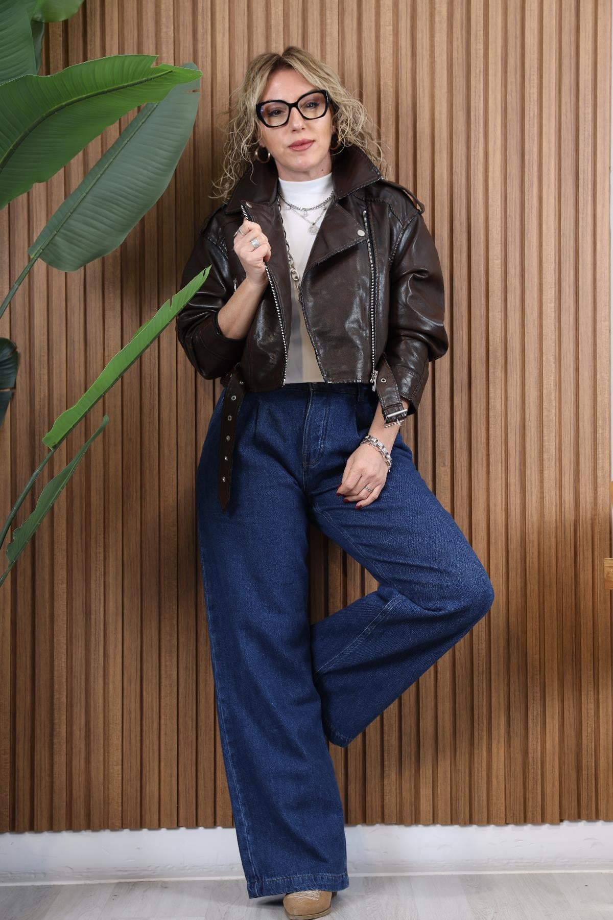 Kahve Deri Crop Ceket