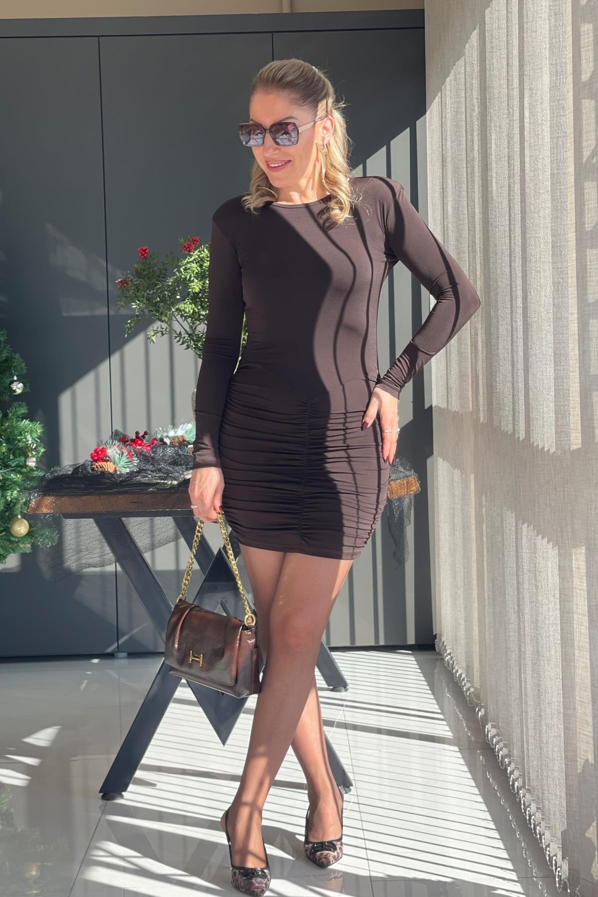 Kahve Drapeli Elbise