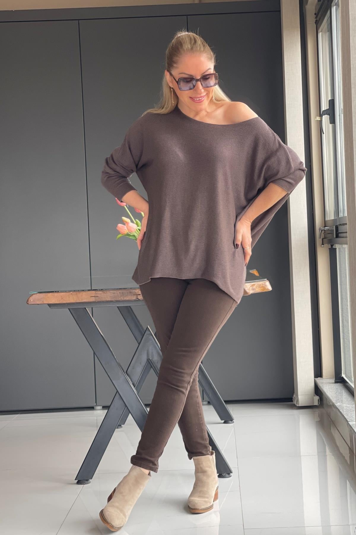 Kahve Düz Desen Örme Bluz