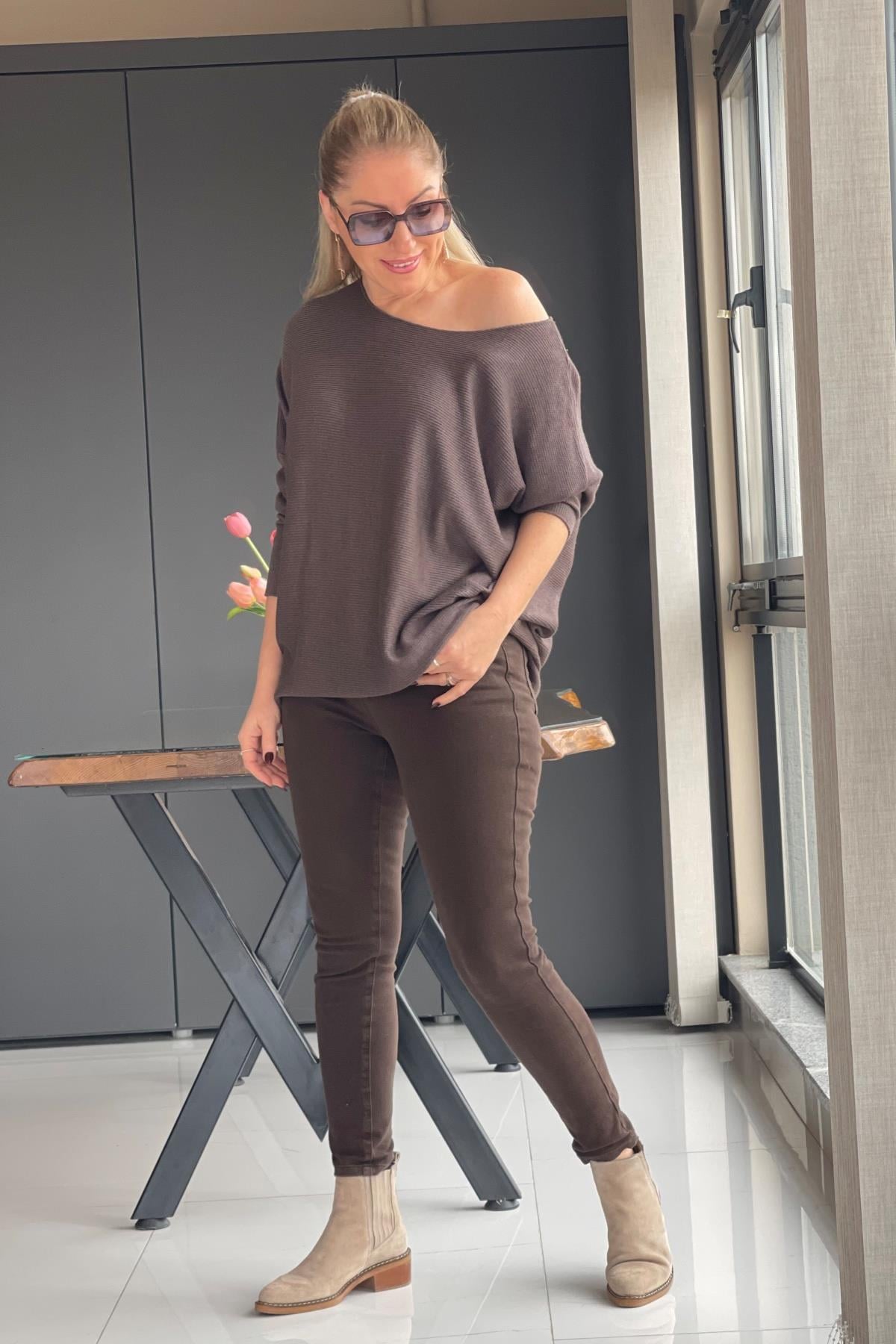 Kahve Düz Desen Örme Bluz