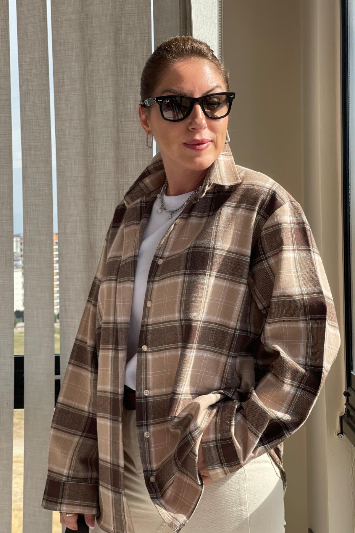 Kahve Kareli Oversize Gömlek