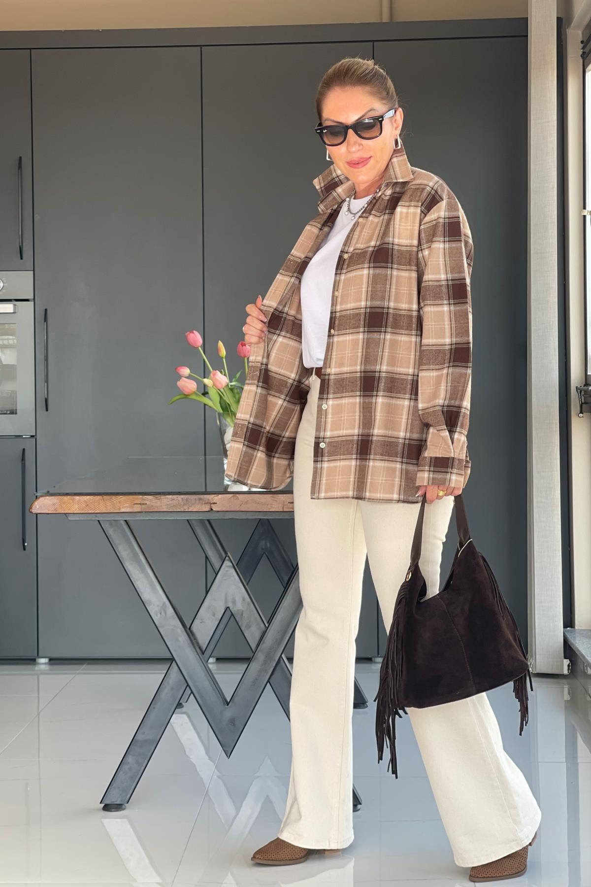 Kahve Kareli Oversize Gömlek