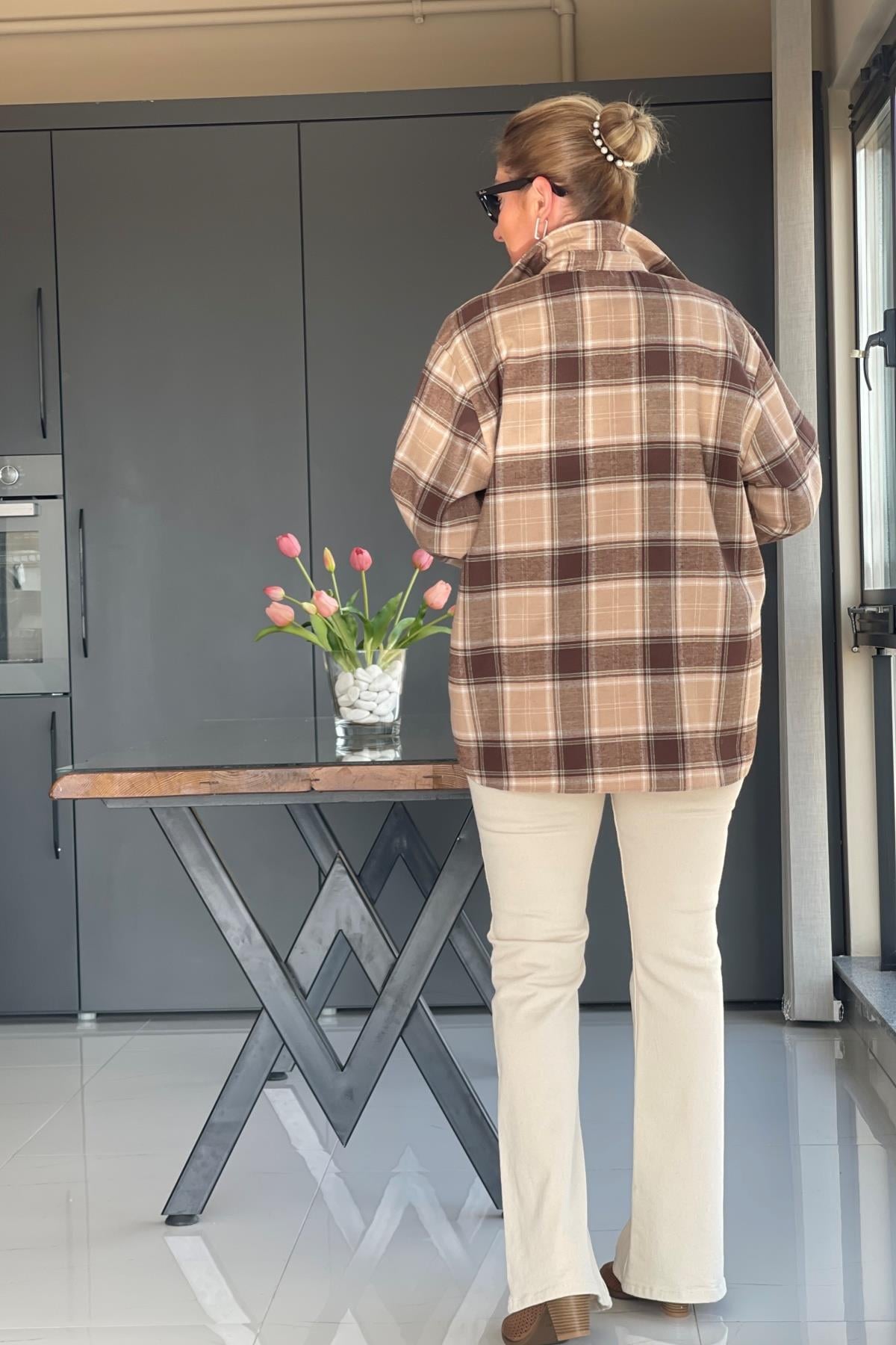 Kahve Kareli Oversize Gömlek