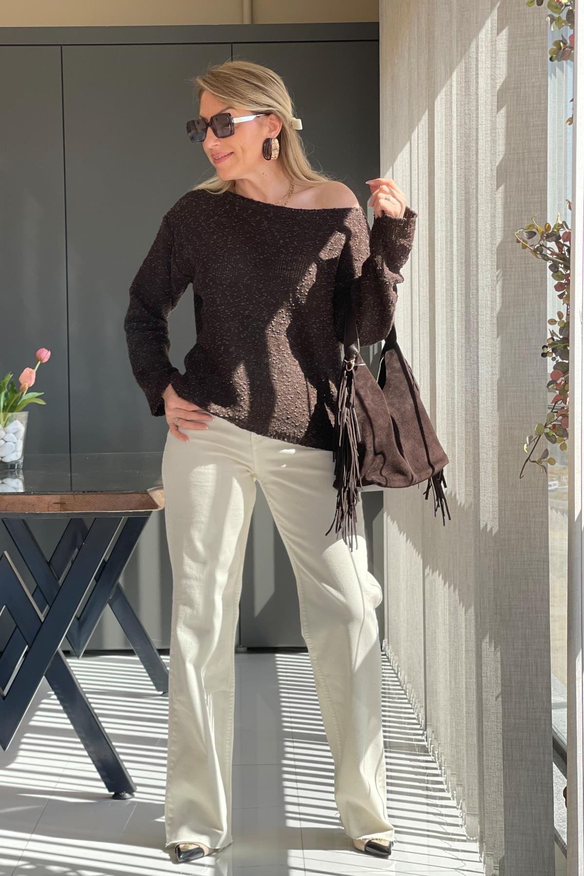 Kahve Oversize Buklet Kazak