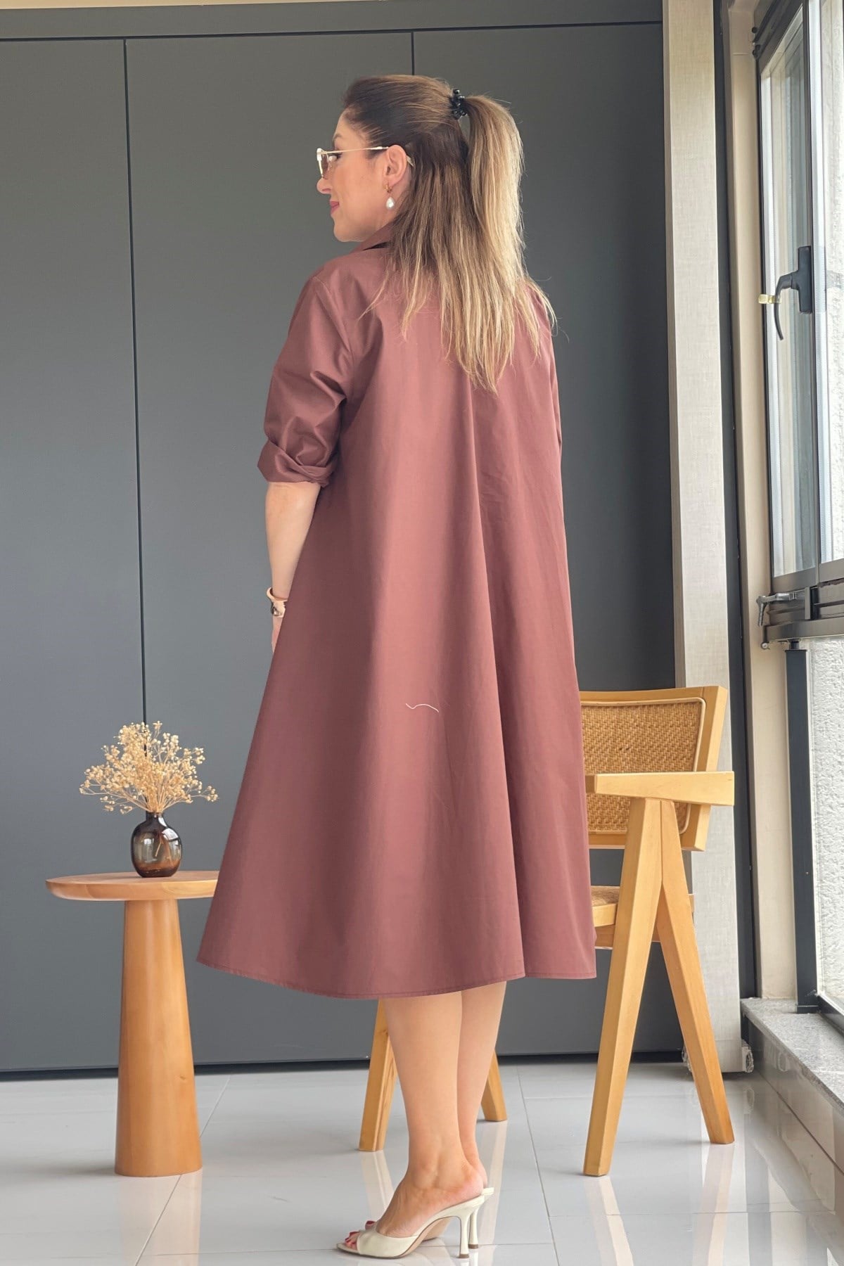 Kahve Oversize Poplin Elbise