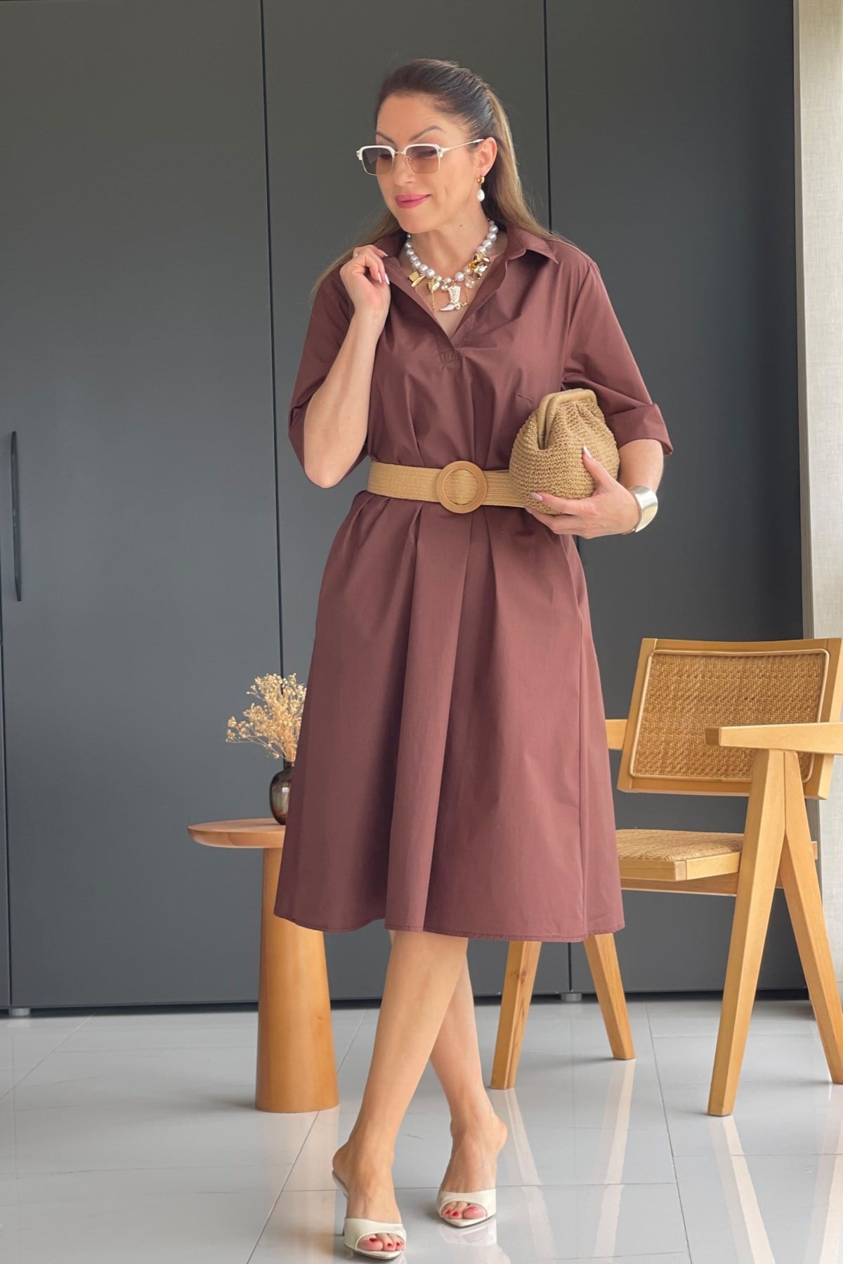 Kahve Oversize Poplin Elbise