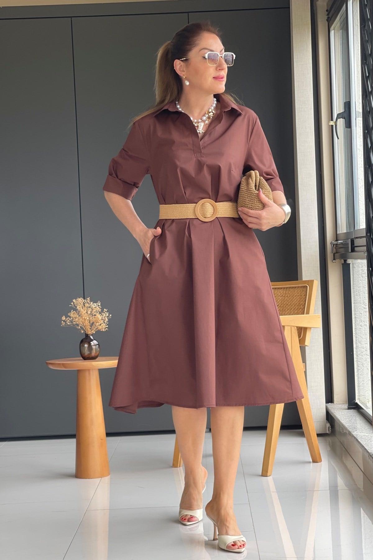 Kahve Oversize Poplin Elbise