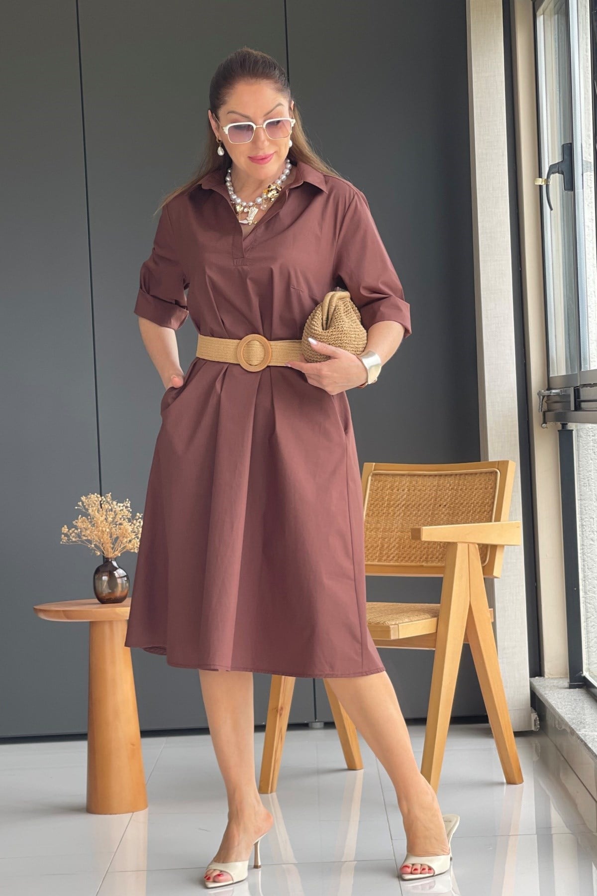 Kahve Oversize Poplin Elbise