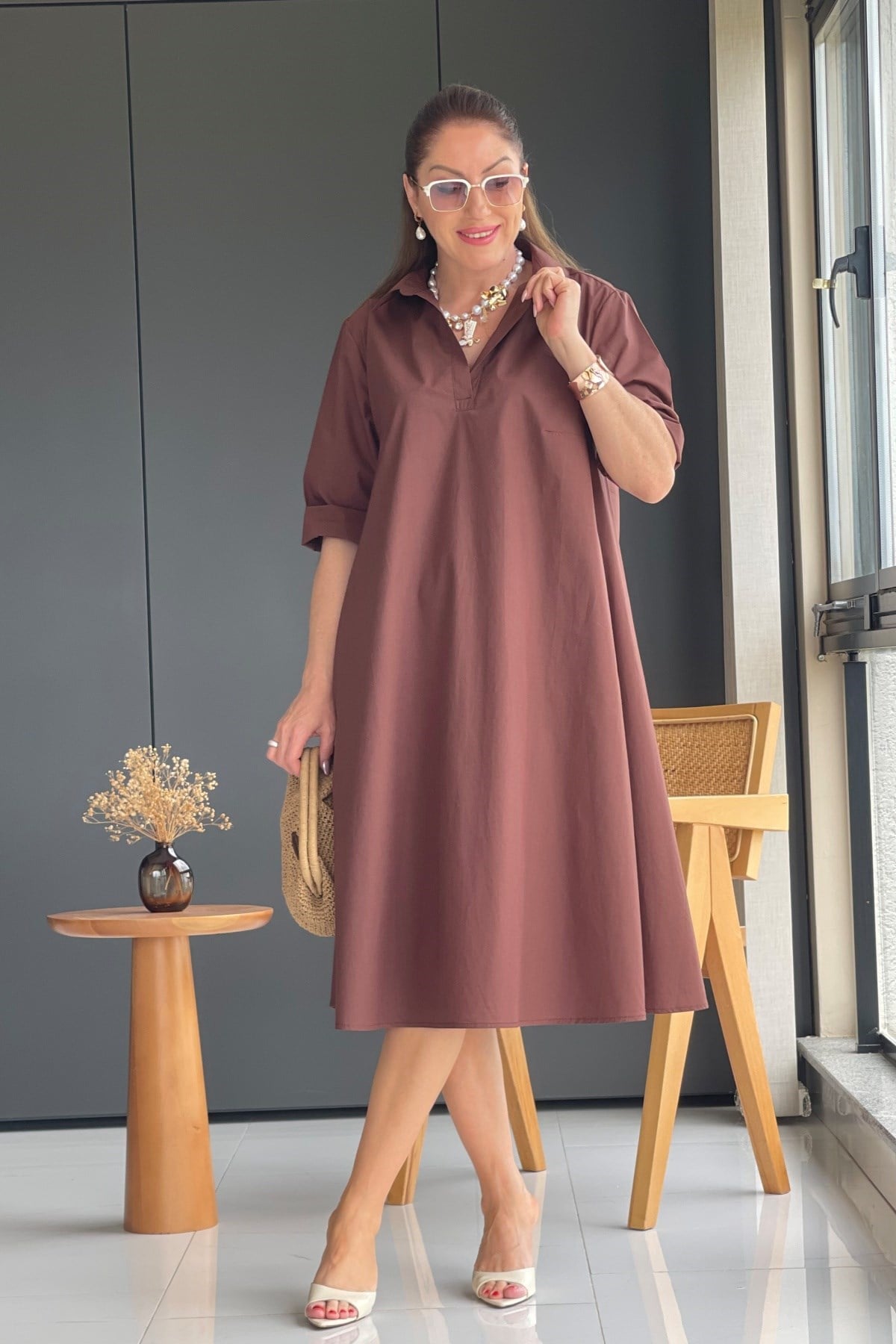 Kahve Oversize Poplin Elbise