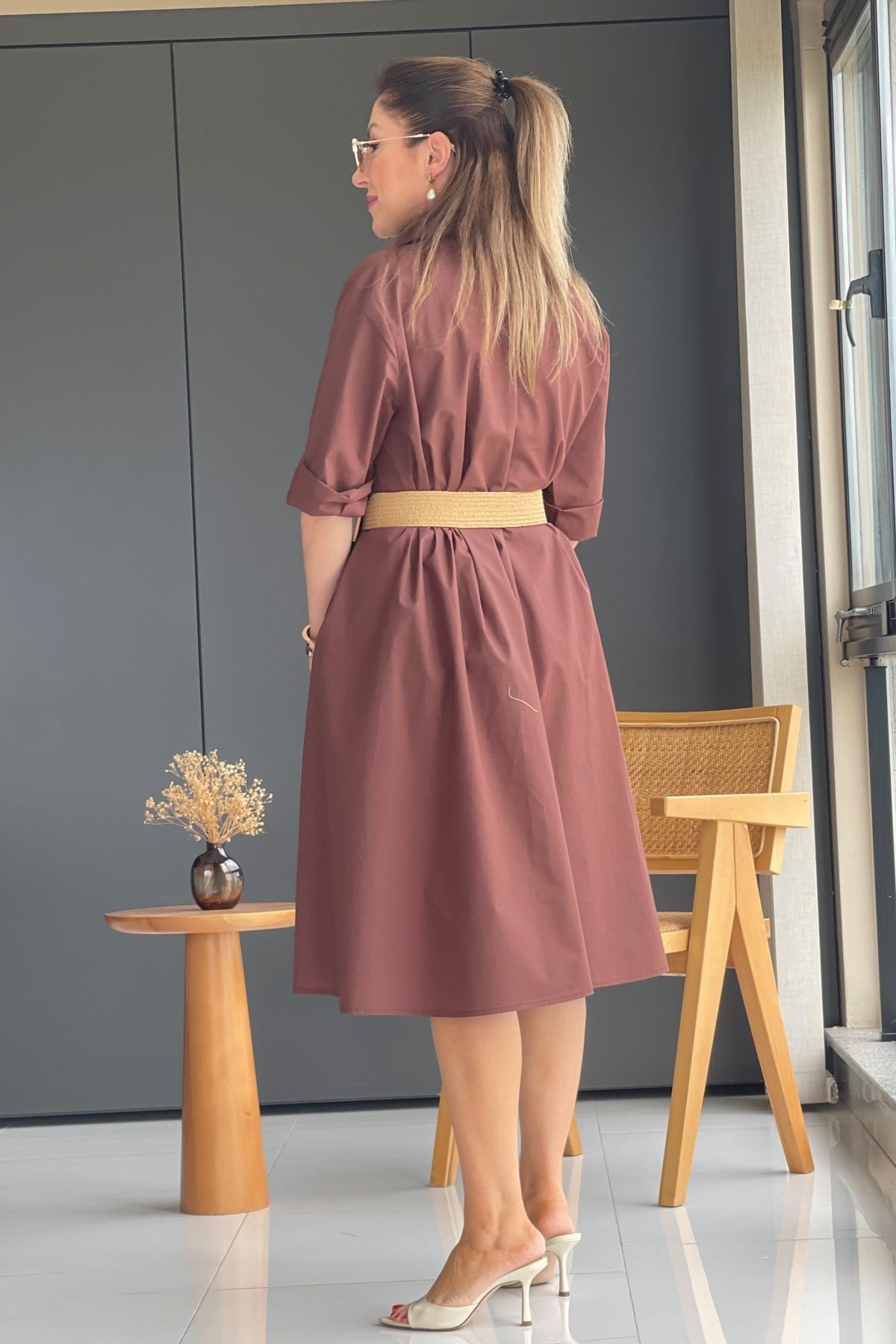 Kahve Oversize Poplin Elbise