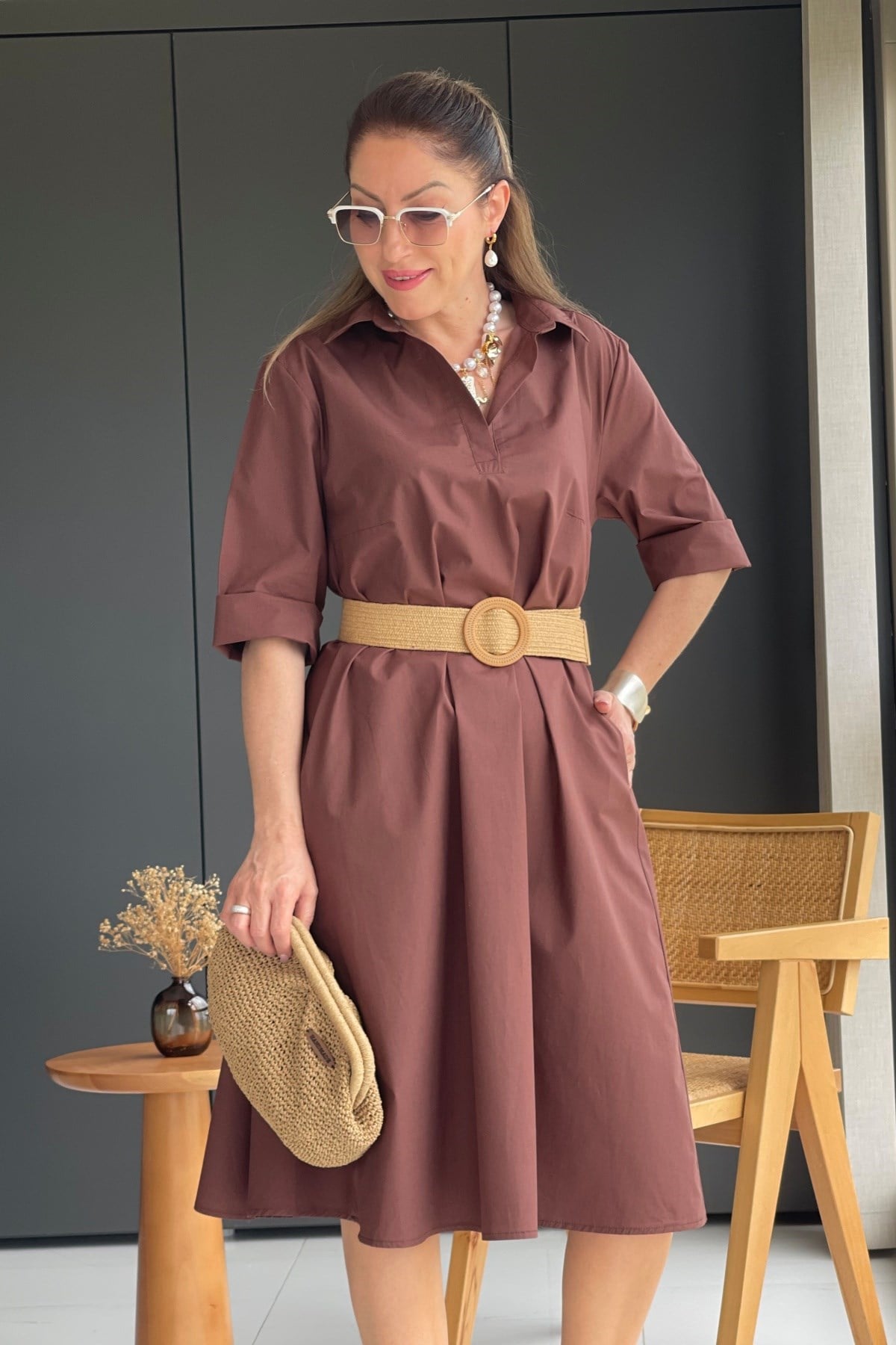 Kahve Oversize Poplin Elbise