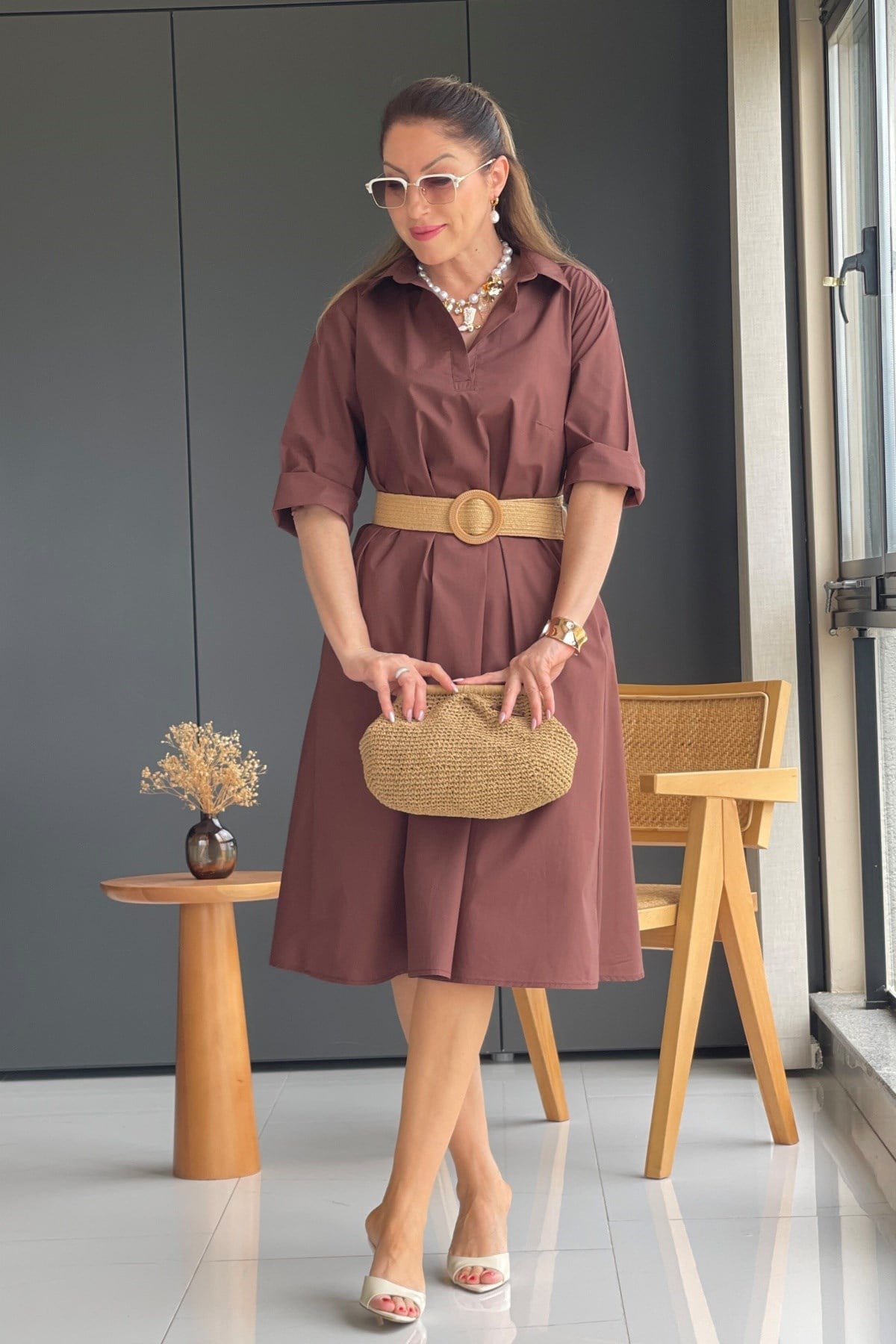 Kahve Oversize Poplin Elbise