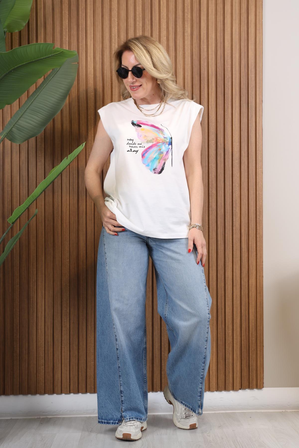 Kanat Desen Vatkalı Ekru T-shirt