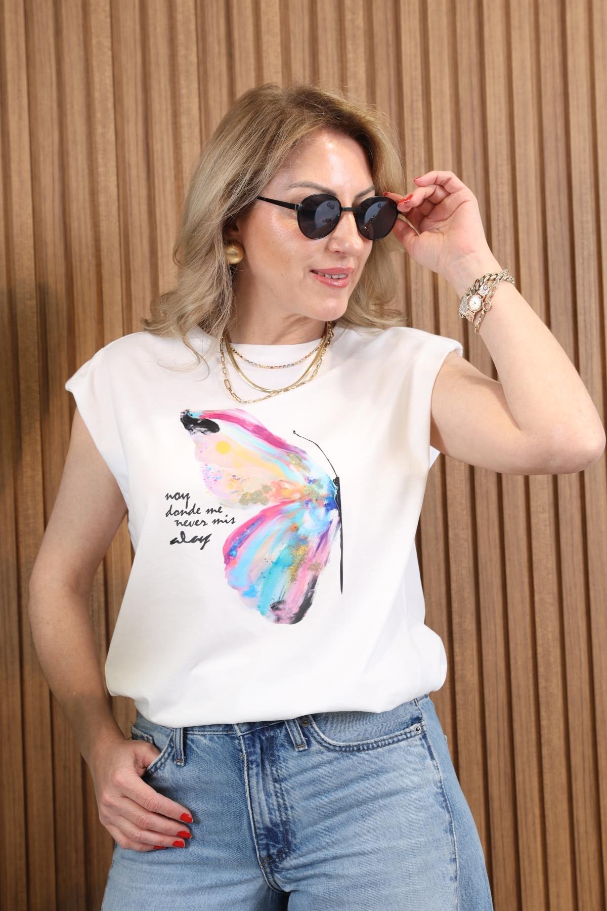 Kanat Desen Vatkalı Ekru T-shirt