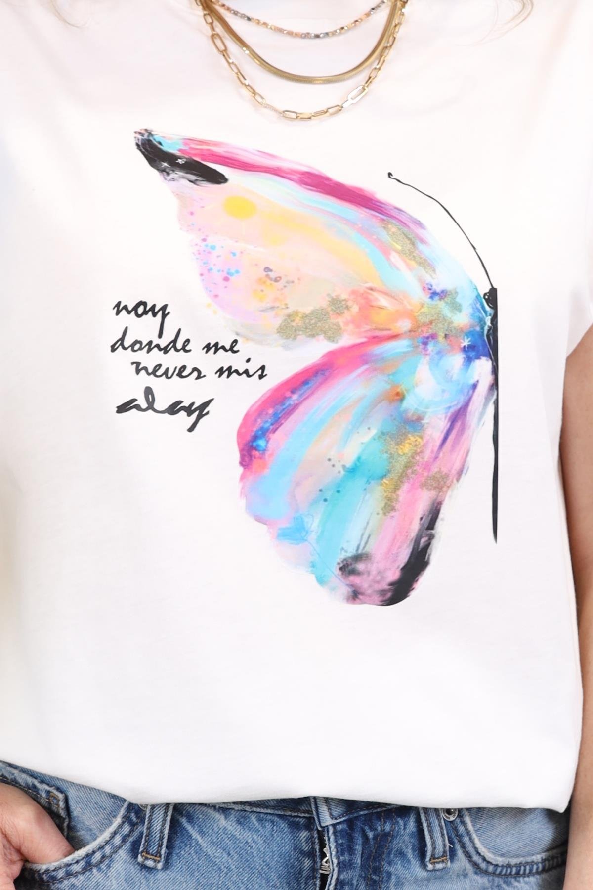 Kanat Desen Vatkalı Ekru T-shirt