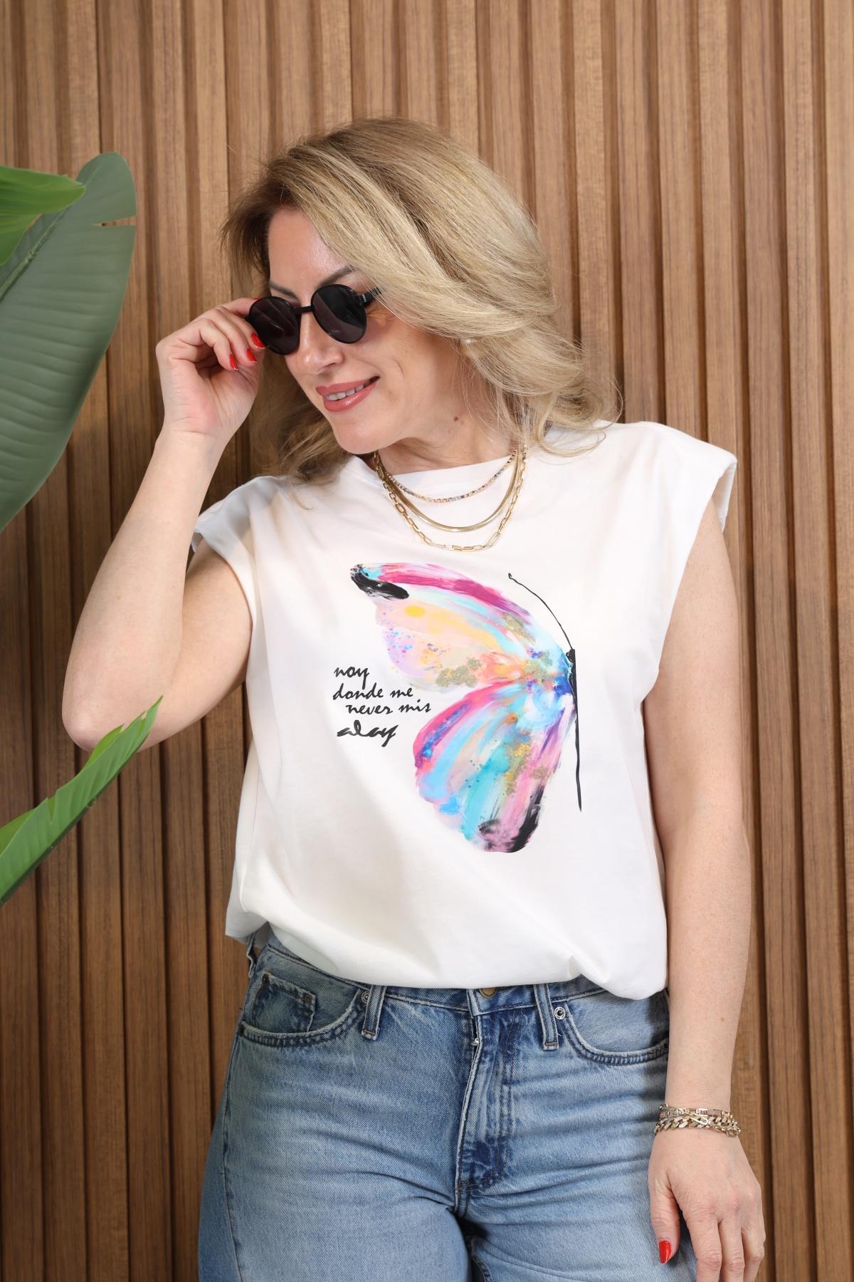Kanat Desen Vatkalı Ekru T-shirt