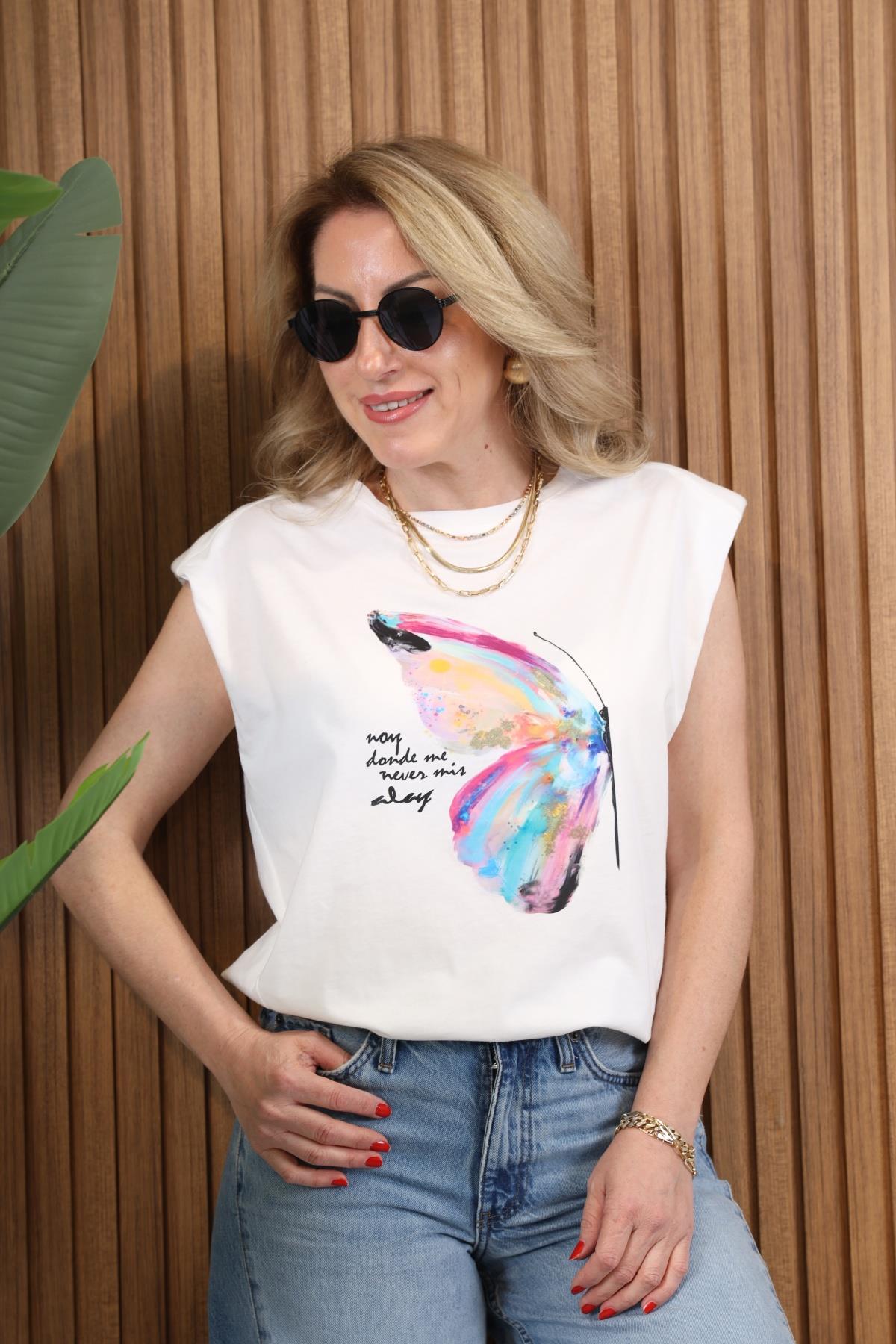 Kanat Desen Vatkalı Ekru T-shirt