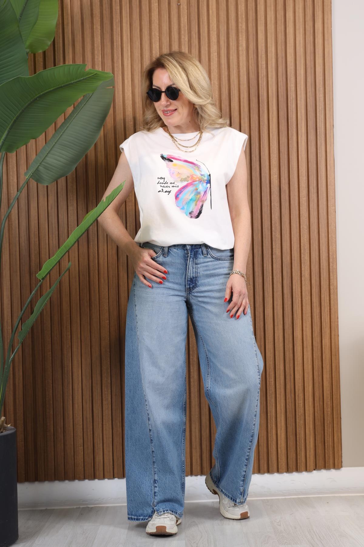 Kanat Desen Vatkalı Ekru T-shirt
