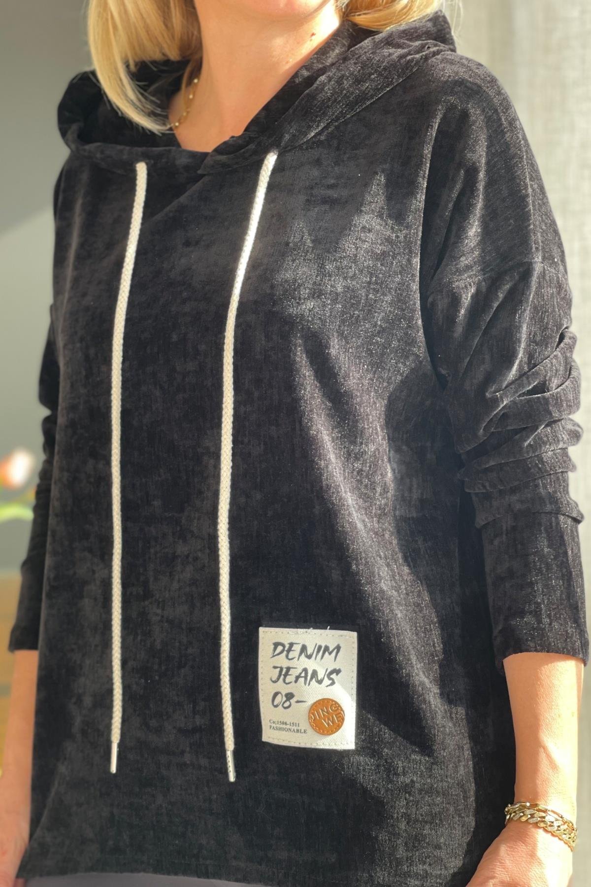 Kapüşon Detay Kadife Siyah Sweat
