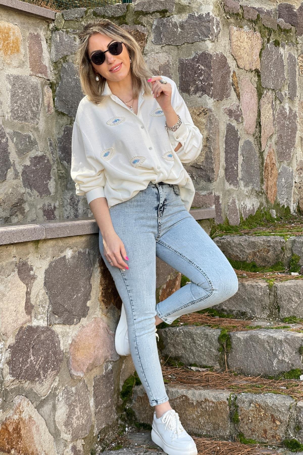 Kar Yıkama Buz Mavi Push Up'lı Jean