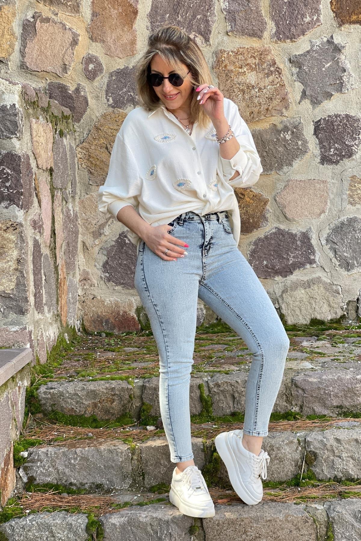 Kar Yıkama Buz Mavi Push Up'lı Jean