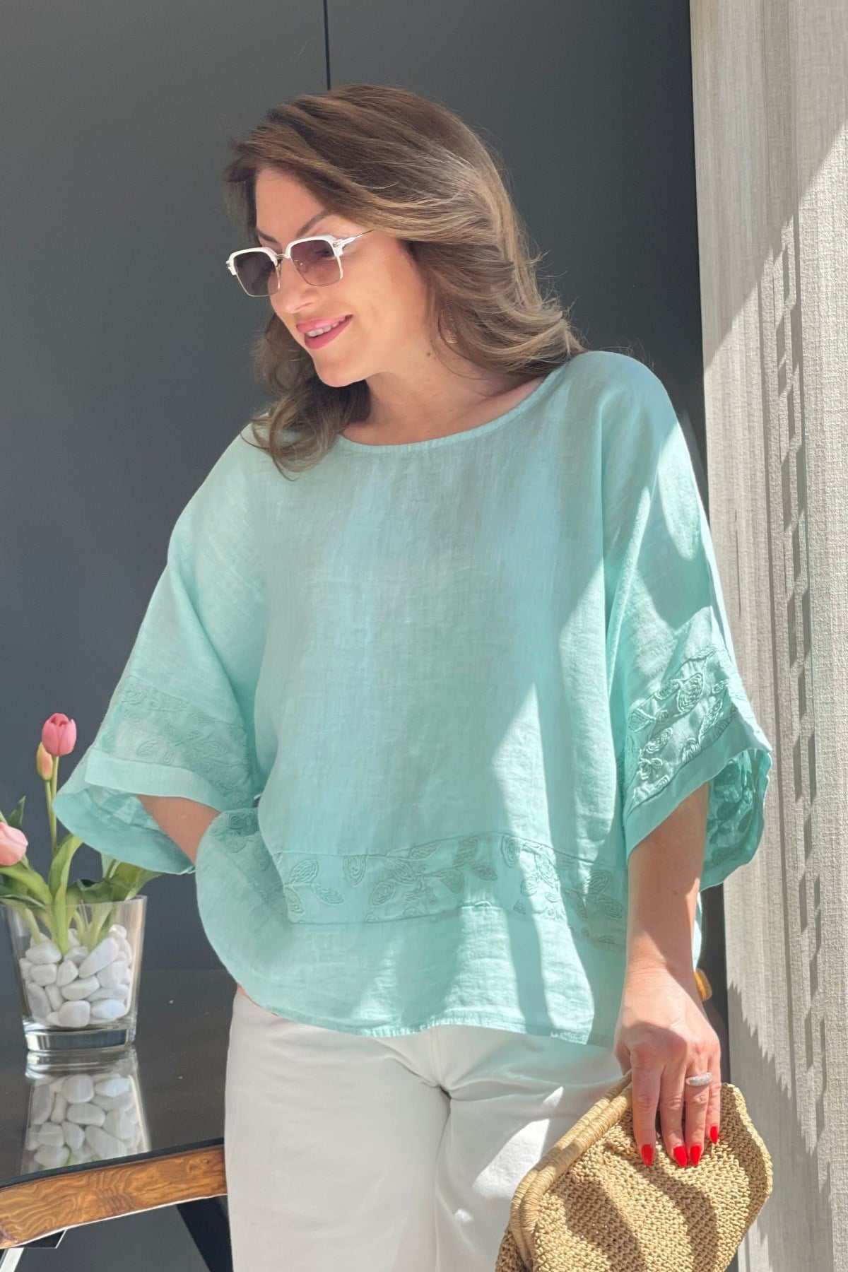 Keten Oversize Mint Yeşil Bluz