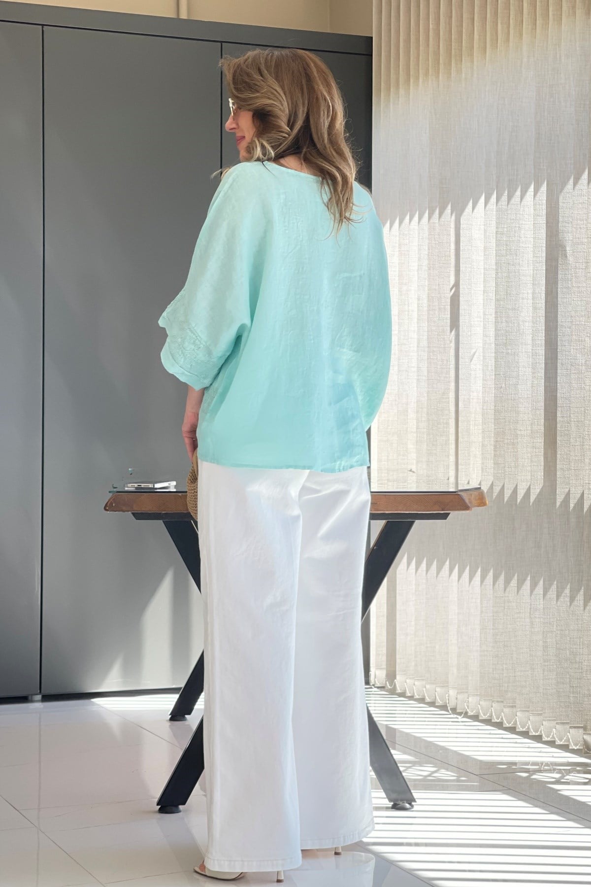 Keten Oversize Mint Yeşil Bluz