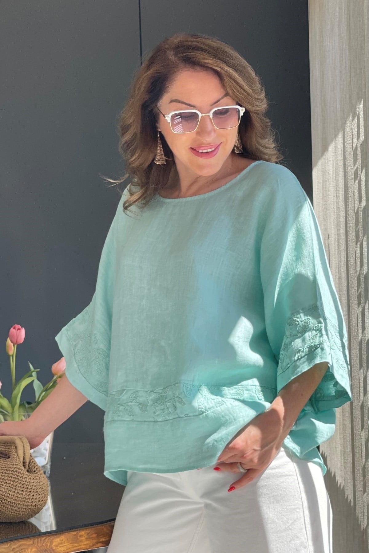 Keten Oversize Mint Yeşil Bluz