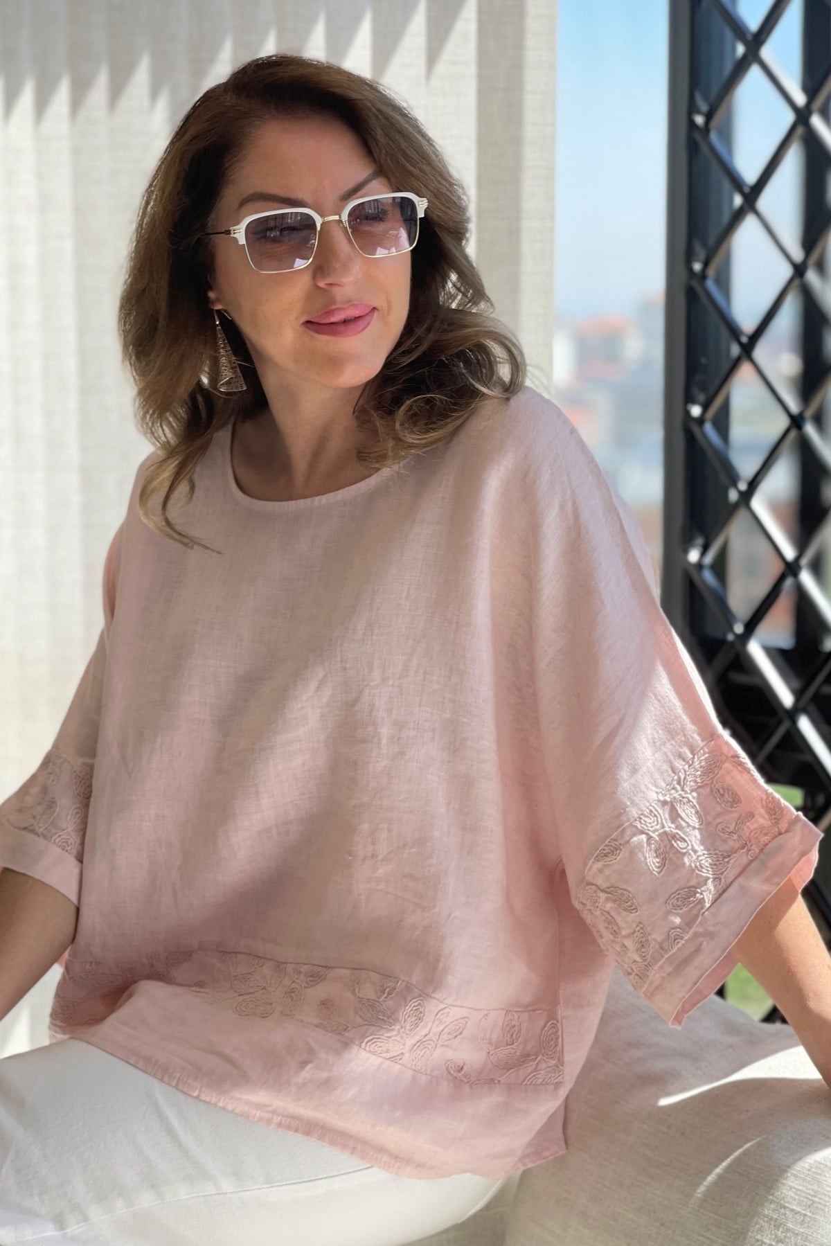 Keten Oversize Pudra Bluz